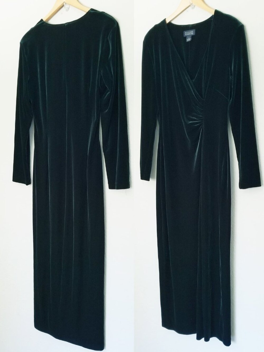Hillard &‎ Hanson Emerald Green Velvet Maxi Dress Long Sleeve Ruched V-Neck 16